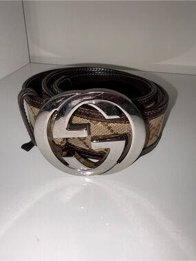 Authentic Gucci Brown Monogram Canvas Belt with Silver GG Buckle